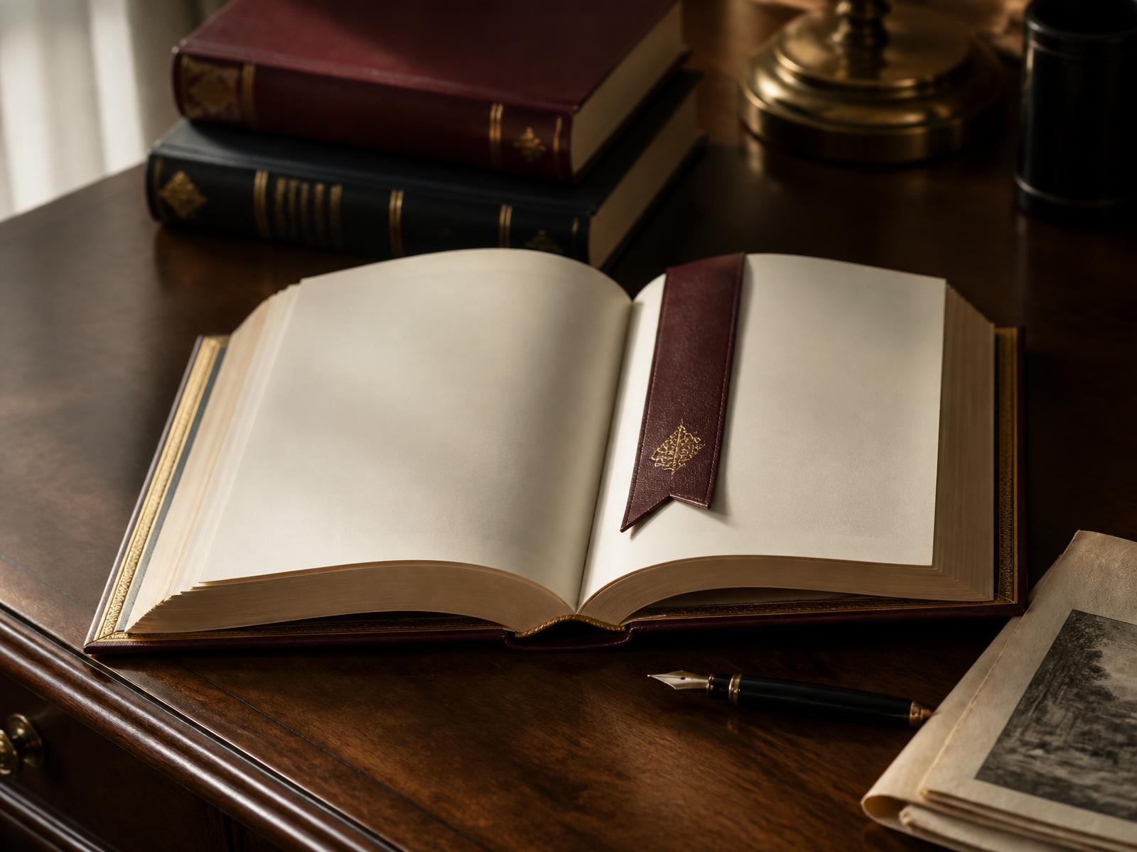 An open hardcover book, fountain pen and literary hardcovers on a walnut writing desk in warm window light