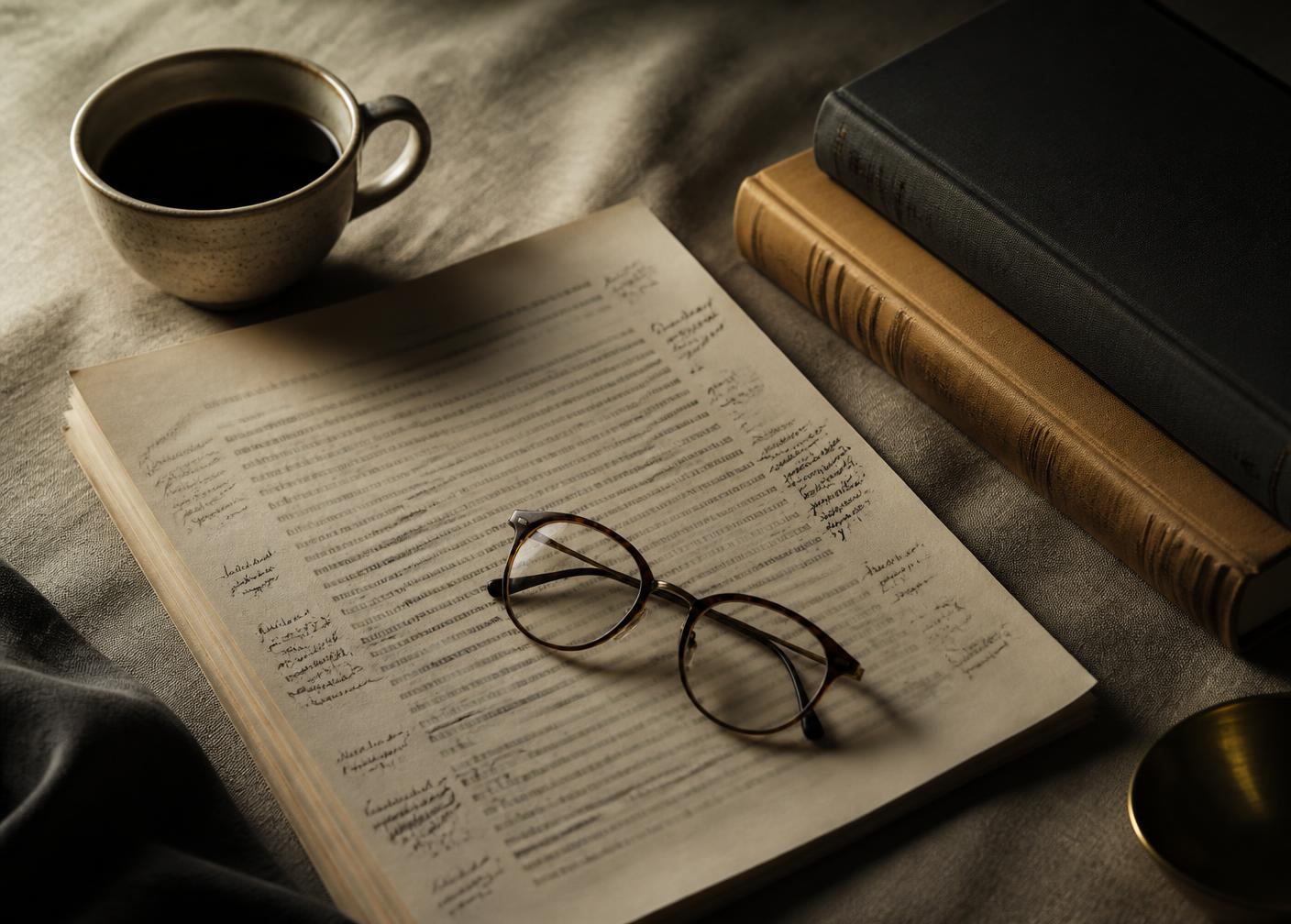 A marked-up manuscript with reading glasses and coffee on a linen surface